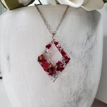 Load image into Gallery viewer, Handmade real flower diamond shape pendant drop necklace made with rose petals and silver leaf preserved in resin. - Purple Necklace, Flower Necklace, Necklaces