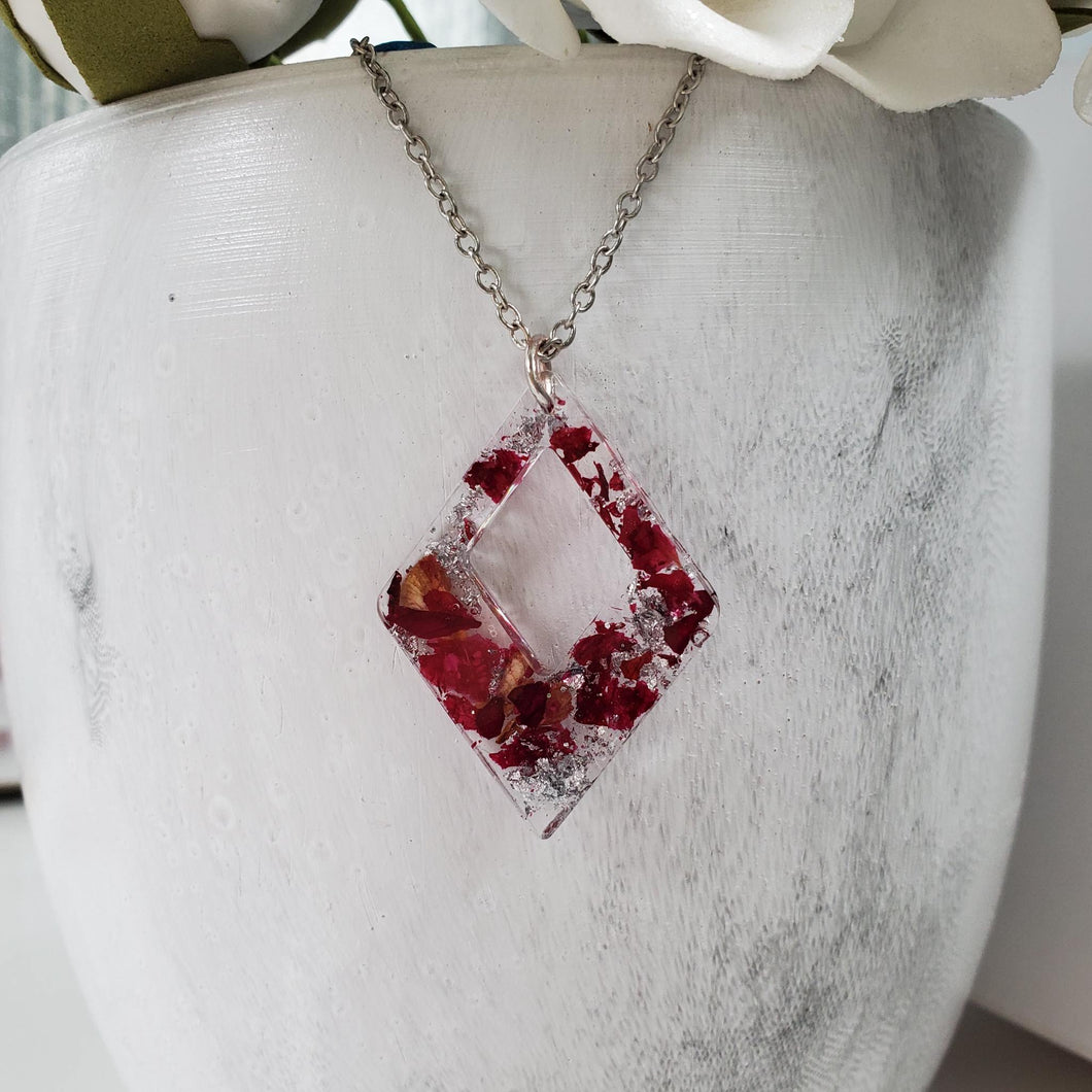 Handmade real flower diamond shape pendant drop necklace made with rose petals and silver leaf preserved in resin. - Purple Necklace, Flower Necklace, Necklaces
