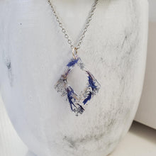 Load image into Gallery viewer, Handmade real flower diamond shape pendant drop necklace made with blue cornflower and silver leaf preserved in resin. - Purple Necklace, Flower Necklace, Necklaces