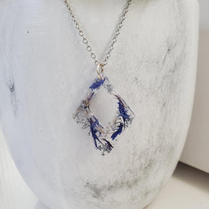 Handmade real flower diamond shape pendant drop necklace made with blue cornflower and silver leaf preserved in resin. - Purple Necklace, Flower Necklace, Necklaces