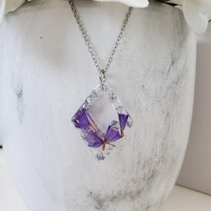 Handmade real flower diamond shape pendant drop necklace made with purple statice and silver leaf preserved in resin. - Purple Necklace, Flower Necklace, Necklaces