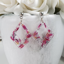 Load image into Gallery viewer, Handmade real flower diamond shape dangling drop earrings made with red clover flowers and silver leaf preserved in resin. - Flower Earrings, Purple Earrings, Flower Jewelry