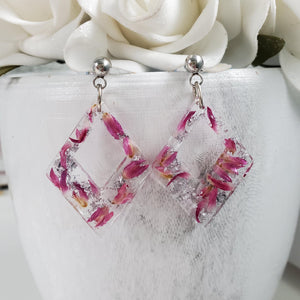 Handmade real flower diamond shape dangling drop earrings made with red clover flowers and silver leaf preserved in resin. - Flower Earrings, Purple Earrings, Flower Jewelry