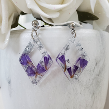 Load image into Gallery viewer, Handmade real flower diamond shape dangling drop earrings made with purple statice and silver leaf preserved in resin. - Flower Earrings, Purple Earrings, Flower Jewelry
