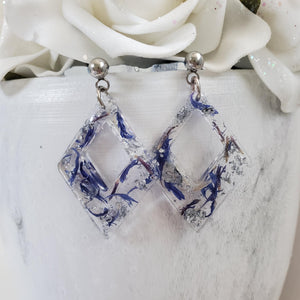 Handmade real flower diamond shape dangling drop earrings made with blue cornflower and silver leaf preserved in resin. - Flower Earrings, Purple Earrings, Flower Jewelry