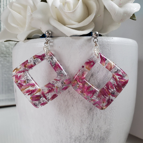 Handmade real flower diamond shape dangling drop stud earrings made with red clover flowers and silver leaf preserved in resin. - Flower Earrings, Pink Earrings, Flower Jewelry