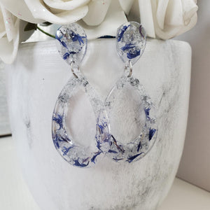 Handmade real flower long teardrop post earrings made with blue cornflower and silver leaf preserved in resin. - Flower Earrings, Purple Earrings, Long Post Earrings