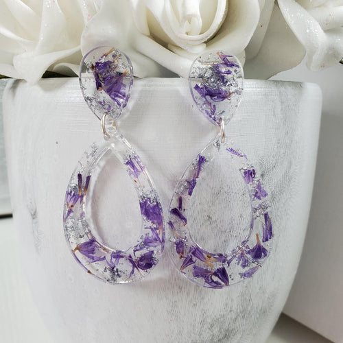 Handmade real flower long teardrop post earrings made with purple statice and silver leaf preserved in resin. - Flower Earrings, Purple Earrings, Long Post Earrings