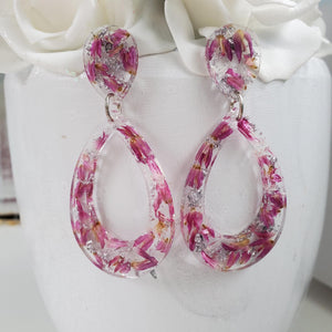Handmade real flower long teardrop post earrings made with red clover flowers and silver leaf preserved in resin. - Flower Earrings, Purple Earrings, Long Post Earrings