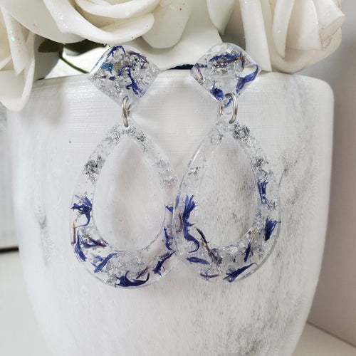 Handmade real flower teardrop stud earrings made with blue cornflower and silver leaf preserved in resin. - Flower Earrings, Blue Earrings, Long Post Earrings
