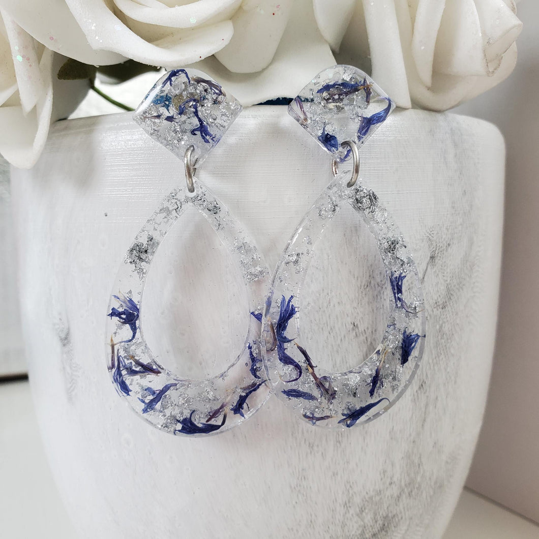 Handmade real flower teardrop stud earrings made with blue cornflower and silver leaf preserved in resin. - Flower Earrings, Blue Earrings, Long Post Earrings