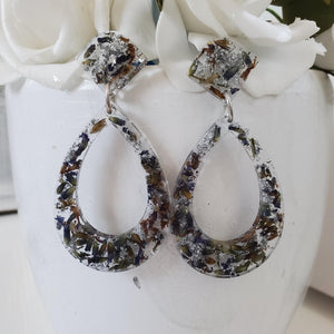 Handmade real flower teardrop stud earrings made with lavender petals and silver leaf preserved in resin. - Flower Earrings, Blue Earrings, Long Post Earrings