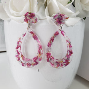 Handmade real flower teardrop stud earrings made with red clover flowers and silver leaf preserved in resin. - Flower Earrings, Blue Earrings, Long Post Earrings