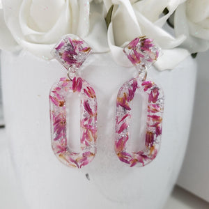 Handmade real flower oval drop post earrings made with red clover flowers and silver leaf preserved in resin. - Flower Earrings, Pink Earrings, Long Post Earrings