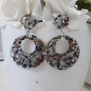 Handmade real flower long circular drop post earrings made with lavender petals and silver leaf preserved in resin. - Flower Earrings, Purple Earrings, Dangle Earrings