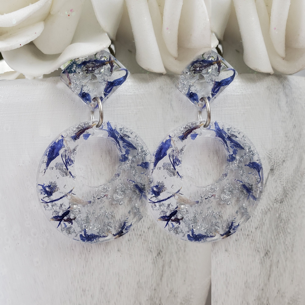 Handmade real flower long circular drop post earrings made with blue cornflower and silver leaf preserved in resin. - Flower Earrings, Purple Earrings, Dangle Earrings