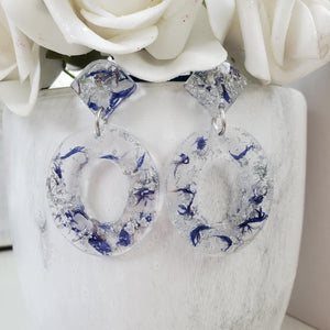 Handmade real flower long oval dangle earrings made with blue cornflower and silver leaf preserved in resin. - Flower Earrings, Pink Earrings, Dangle Earrings