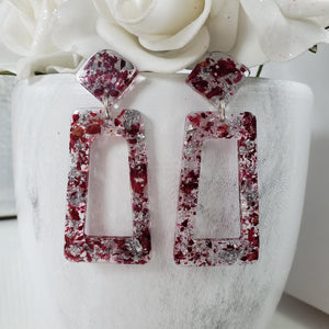 Handmade real flower long rectangular stud earrings made with rose petals and silver leaf preserved in resin. - Flower Earrings, Red Earrings, Dangle Earrings