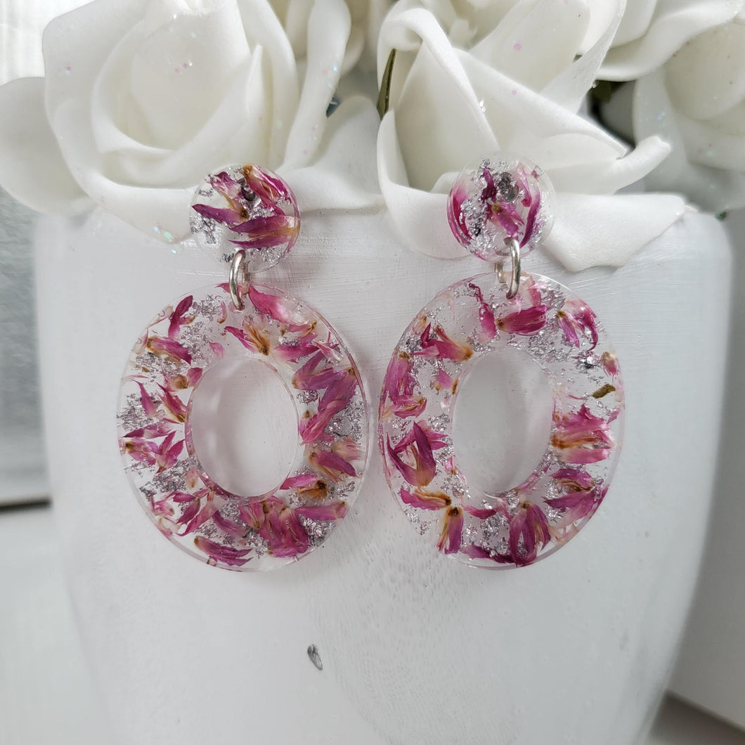 Handmade real flower long oval post earrings made with red clover flowers and silver leaf preserved in resin. - Flower Earrings, Pink Earrings, Bridesmaid Earrings