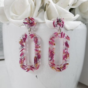 Handmade real flower long oval post earrings made with red clover flowers and silver leaf preserved in resin. - Flower Earrings, Blue Earrings, Dangle Earrings