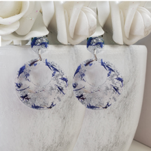 Load image into Gallery viewer, Handmade real flower long circular drop earrings made with blue cornflower and silver leaf preserved in resin. - Long Earrings, Red Earrings, Dangle Earrings