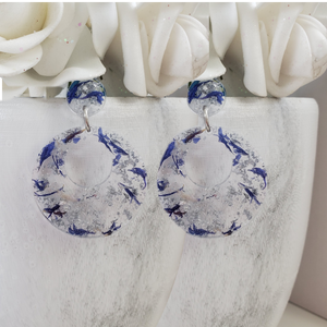 Handmade real flower long circular drop earrings made with blue cornflower and silver leaf preserved in resin. - Long Earrings, Red Earrings, Dangle Earrings