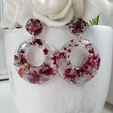 Load image into Gallery viewer, Handmade real flower long circular drop earrings made with rose petals and silver leaf preserved in resin. - Long Earrings, Red Earrings, Dangle Earrings