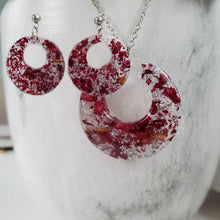 Load image into Gallery viewer, Handmade real flower circular pendant necklace accompanied by a matching pair of stud earrings made with rose petals and silver leaf preserved in resin. - Resin Jewelry, Bridal Sets, Jewelry Sets