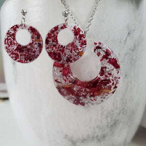 Handmade real flower circular pendant necklace accompanied by a matching pair of stud earrings made with rose petals and silver leaf preserved in resin. - Resin Jewelry, Bridal Sets, Jewelry Sets