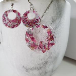 Handmade real flower circular pendant necklace accompanied by a matching pair of stud earrings made with red clover flowers and silver leaf preserved in resin. - Resin Jewelry, Bridal Sets, Jewelry Sets