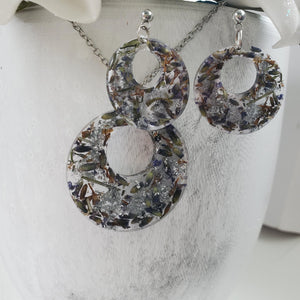 Handmade real flower circular pendant necklace accompanied by a matching pair of stud earrings made with lavender petals and silver leaf preserved in resin. - Resin Jewelry, Bridal Sets, Jewelry Sets