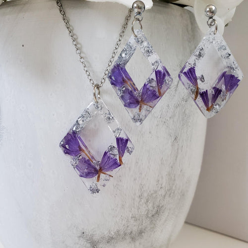 Handmade real flower resin diamond shape drop necklace and earring jewelry set made with statice and silver flakes. - Flower Jewelry, Bridal Sets, Jewelry Sets