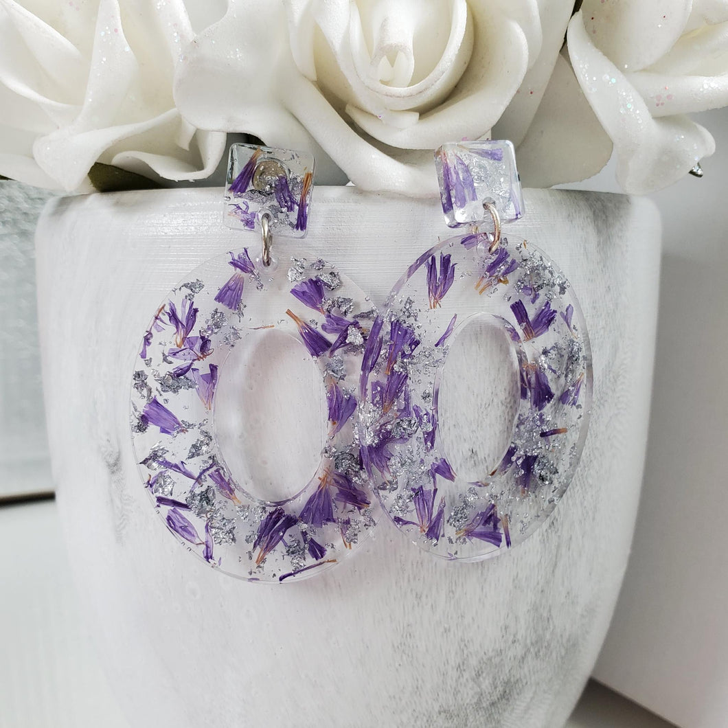 Handmade real flower long oval post earrings made with purple statice and silver flakes preserved in resin. - Long Earrings, Purple Earrings, Flower Stud Earrings