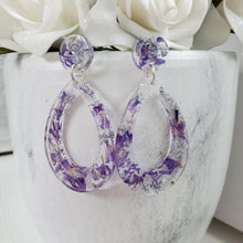 Load image into Gallery viewer, Handmade real flower long teardrop stud earrings made with purple statice and silver leaf preserved in resin. - Rose Earrings, Teardrop Earrings, Long Post Earrings