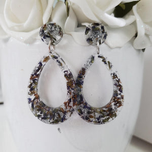Handmade real flower long teardrop stud earrings made with lavender petals and silver leaf preserved in resin. - Rose Earrings, Teardrop Earrings, Long Post Earrings