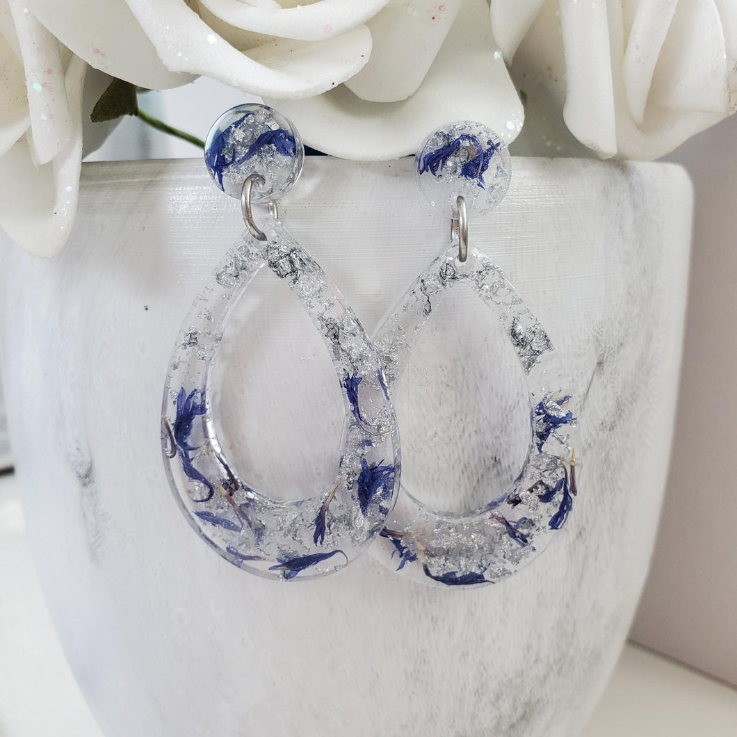 Handmade real flower long teardrop stud earrings made with blue cornflower and silver leaf preserved in resin. - Rose Earrings, Teardrop Earrings, Long Post Earrings