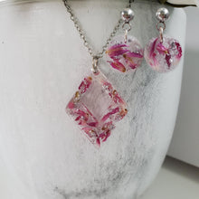 Load image into Gallery viewer, Handmade real flower diamond shape pendant necklace accompanied by a pair of circular post earrings made with red clover flowers and silver leaf preserved in resin. - Bridal Jewelry, Pink Jewelry, Jewelry Sets
