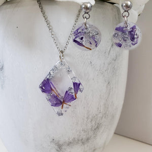 Handmade real flower diamond shape pendant necklace accompanied by a pair of circular post earrings made with purple statice and silver leaf preserved in resin. - Bridal Jewelry, Pink Jewelry, Jewelry Sets