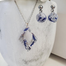 Load image into Gallery viewer, Handmade real flower diamond shape pendant necklace accompanied by a pair of circular post earrings made with blue cornflowers and silver leaf preserved in resin. - Bridal Jewelry, Pink Jewelry, Jewelry Sets