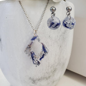 Handmade real flower diamond shape pendant necklace accompanied by a pair of circular post earrings made with blue cornflowers and silver leaf preserved in resin. - Bridal Jewelry, Pink Jewelry, Jewelry Sets