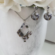 Load image into Gallery viewer, Handmade real flower diamond shape pendant necklace accompanied by a pair of circular post earrings made with lavender petals and silver leaf preserved in resin. - Bridal Jewelry, Pink Jewelry, Jewelry Sets