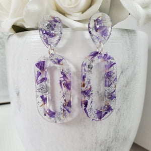 Handmade real flower long oval dangle earrings made with purple statice and silver leaf preserved in resin. - Flower Earrings, Blue Earrings, Resin Jewelry