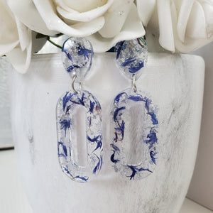 Handmade real flower long oval dangle earrings made with blue cornflower and silver leaf preserved in resin. - Flower Earrings, Blue Earrings, Resin Jewelry