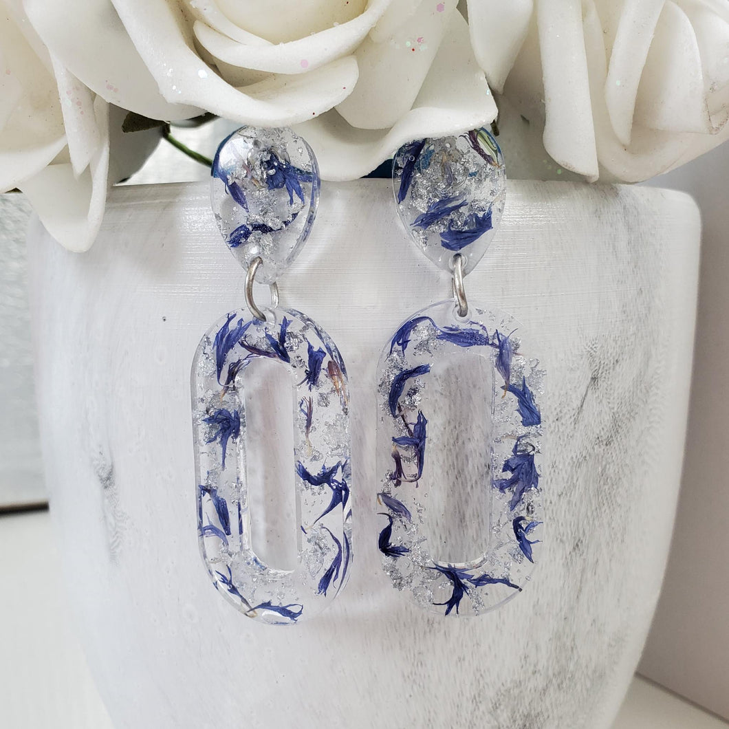Handmade real flower long oval dangle earrings made with blue cornflower and silver leaf preserved in resin. - Flower Earrings, Blue Earrings, Resin Jewelry