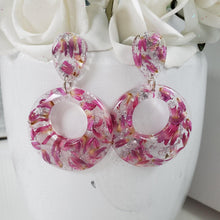 Load image into Gallery viewer, Handmade real flower long circular post drop earrings made with red clover flowers and silver leaf preserved in resin.  - Pink Earrings, Dangle Earrings, Earrings, Drop Earrings