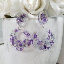 Load image into Gallery viewer, Handmade real flower long circular post drop earrings made with purple statice flowers and silver leaf preserved in resin. - Pink Earrings, Dangle Earrings, Earrings, Drop Earrings
