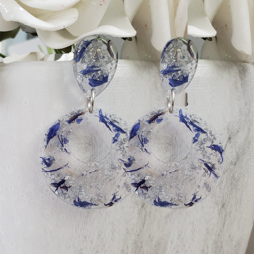 Handmade real flower long circular post drop earrings made with blue cornflower and silver leaf preserved in resin. - Pink Earrings, Dangle Earrings, Earrings, Drop Earrings