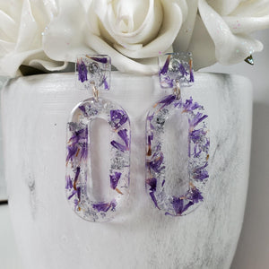 Handmade real flower long oval stud earrings made with purple statice and silver leaf preserved in resin.  - Real Flower Earrings, Purple Earrings, Post Earrings