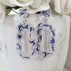 Handmade real flower long oval stud earrings made with blue cornflower and silver leaf preserved in resin. - Real Flower Earrings, Purple Earrings, Post Earrings