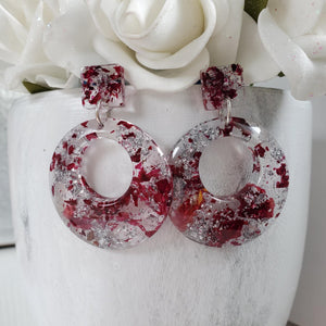 Handmade real flower circular stud drop earrings made with rose petals and silver leaf preserved in resin. - Long Earrings, Blue Earrings, Dangle Earrings